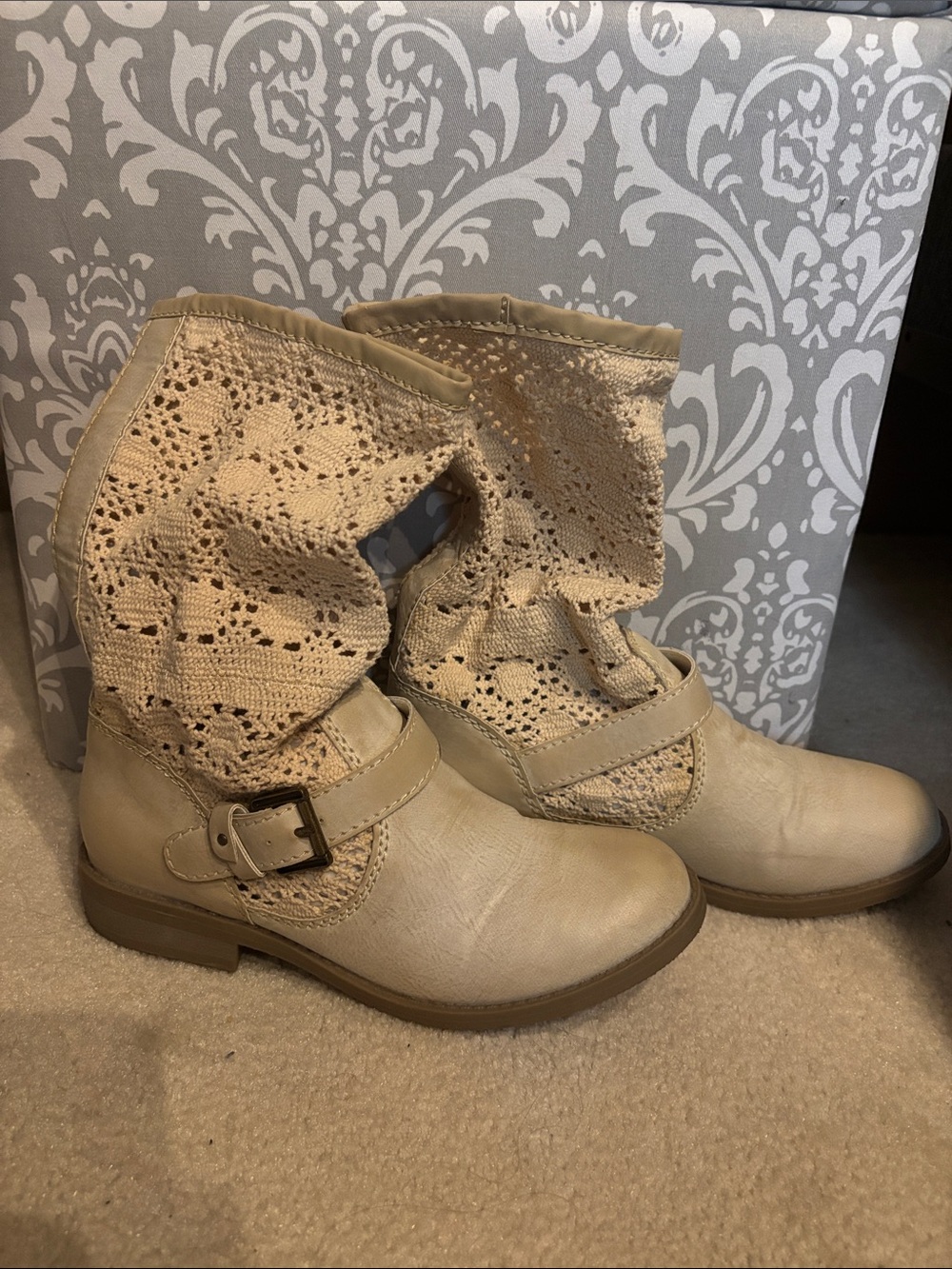 Shi by JOURNEYS Cream Crochet Lace-Up Mid-Calf Boots